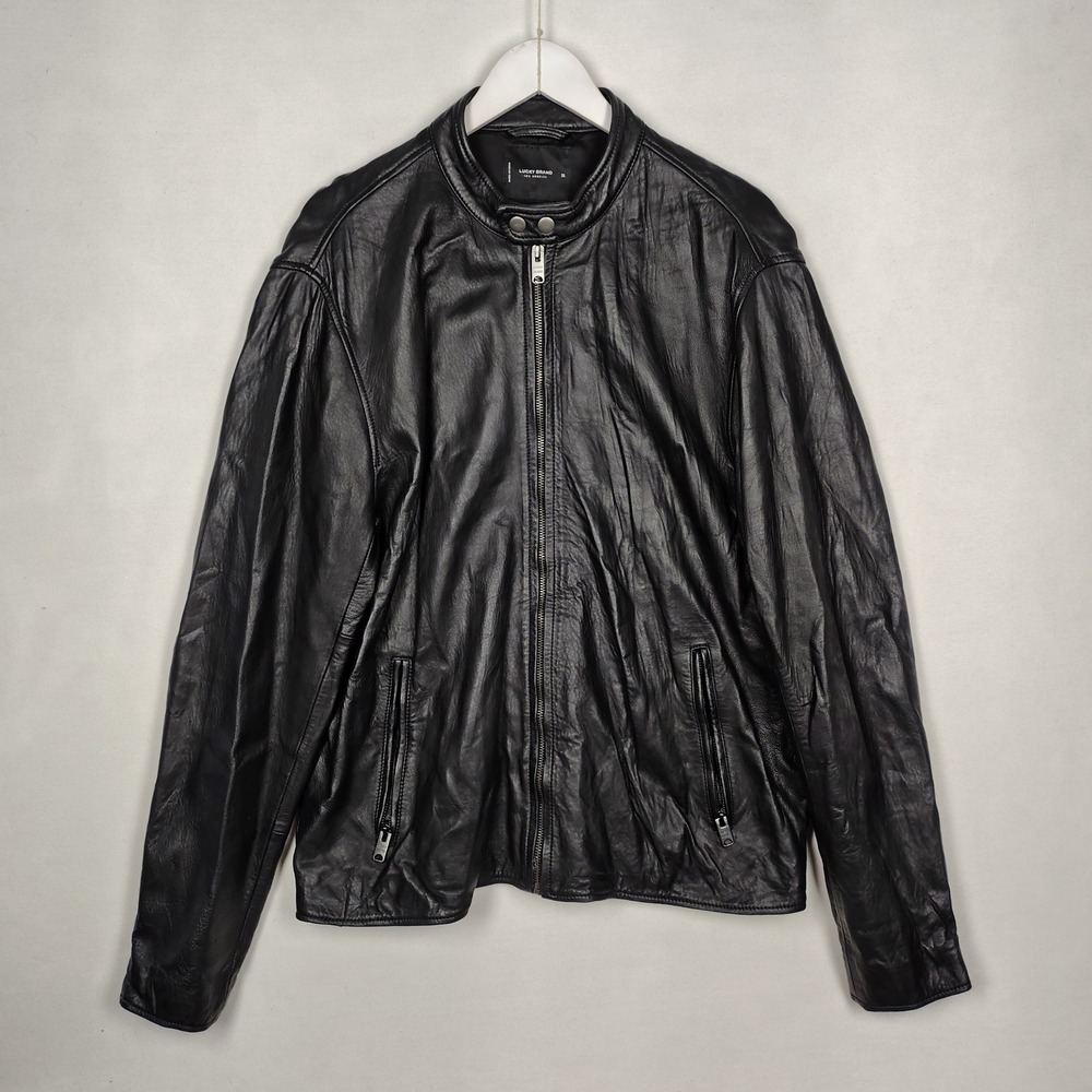 Lucky Brand Mens Black Leather Cafe Racer Jacket XL Full Zip Moto Biker